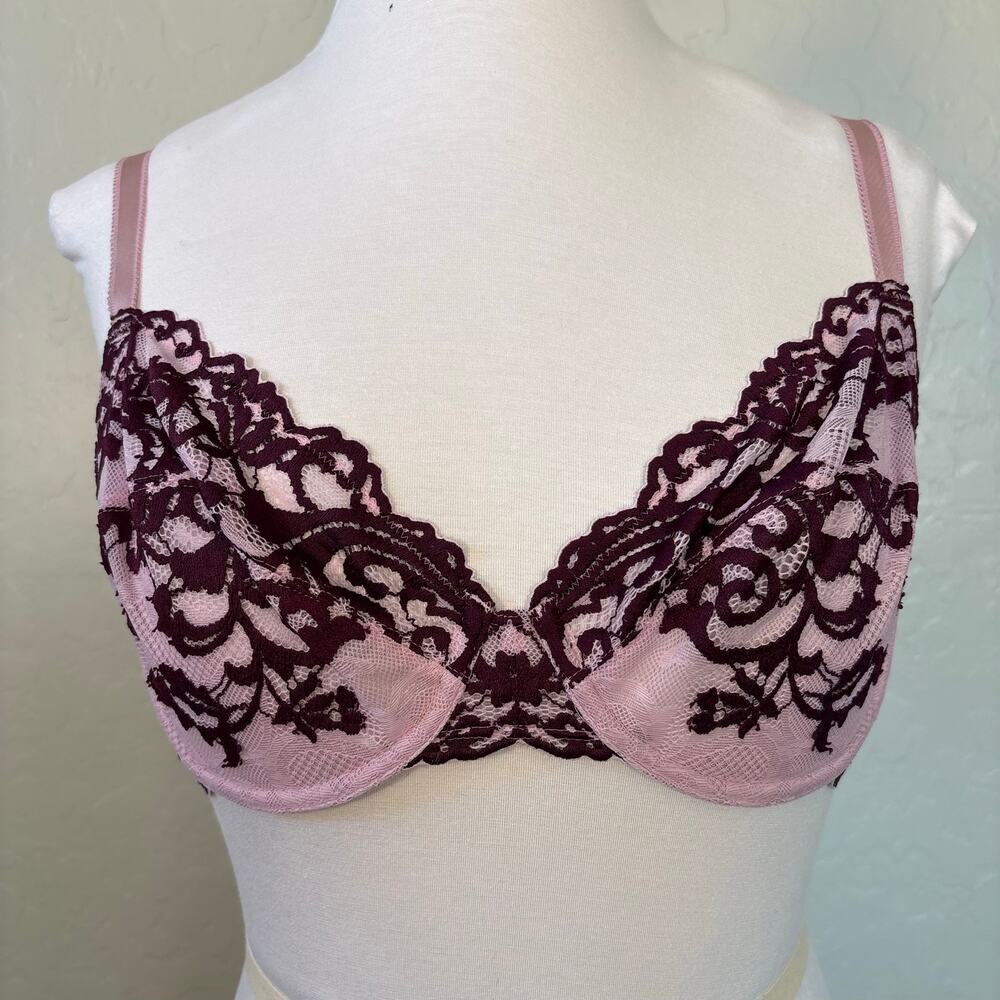 Wacoal Pink Bra Purple Lace Underwire Bra 36DD Feminine Romantic #851322